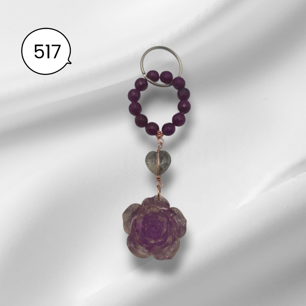 Purple Beaded Keychain with Rose Pendant